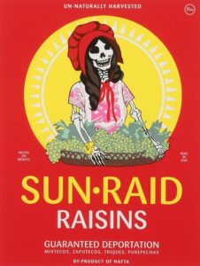 Artist rendering depicting mascot of popular raisin brand as a skeleton.