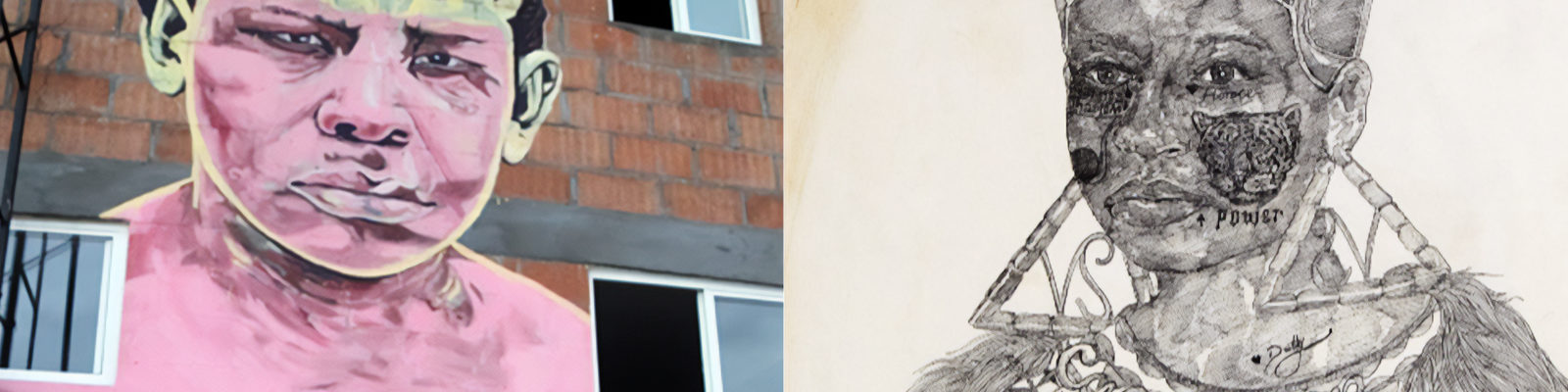 Collage of two artworks: at left, a mural of a boy with pink skin; at right, a portrait of a Black woman
