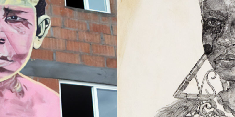 Collage of two artworks: at left, a mural of a boy with pink skin; at right, a portrait of a Black woman