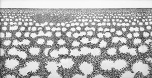 Black and white ink abstract rendering of cotton field with bare circular patch.