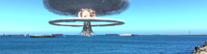 Digital rendering of mushroom cloud over water with ships in background.